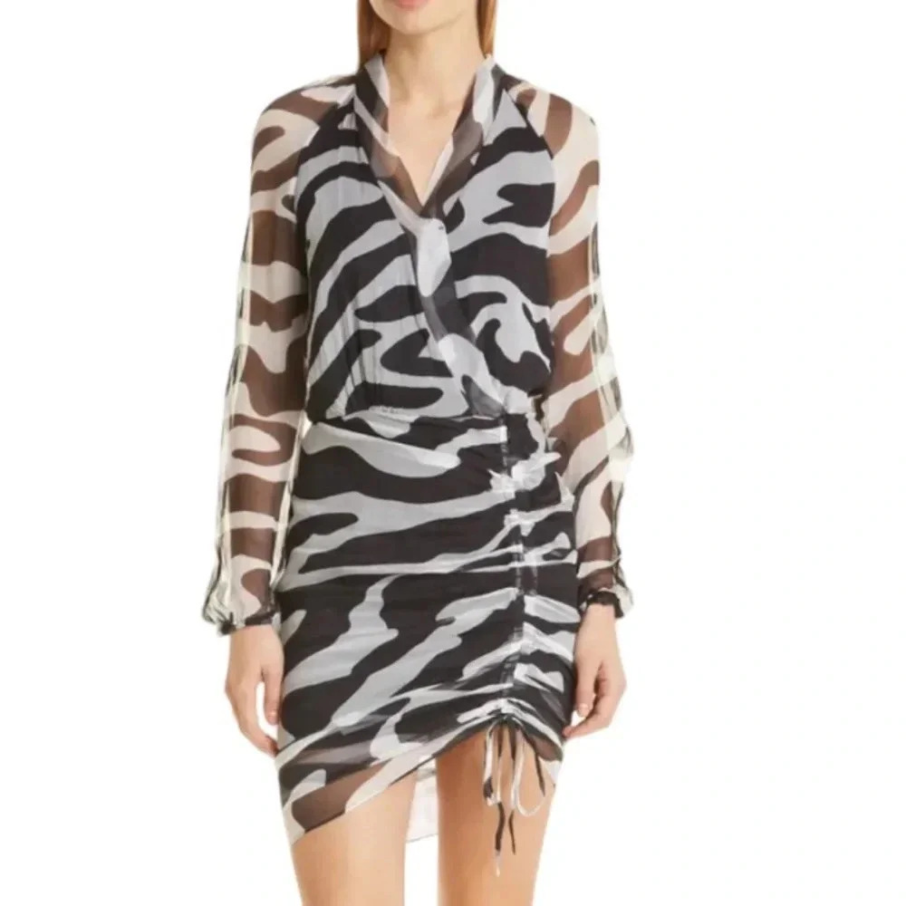 MOTHER OF ALL Vera Ruched Long Sleeve Silk Dress Black and White size 8/10 NWT